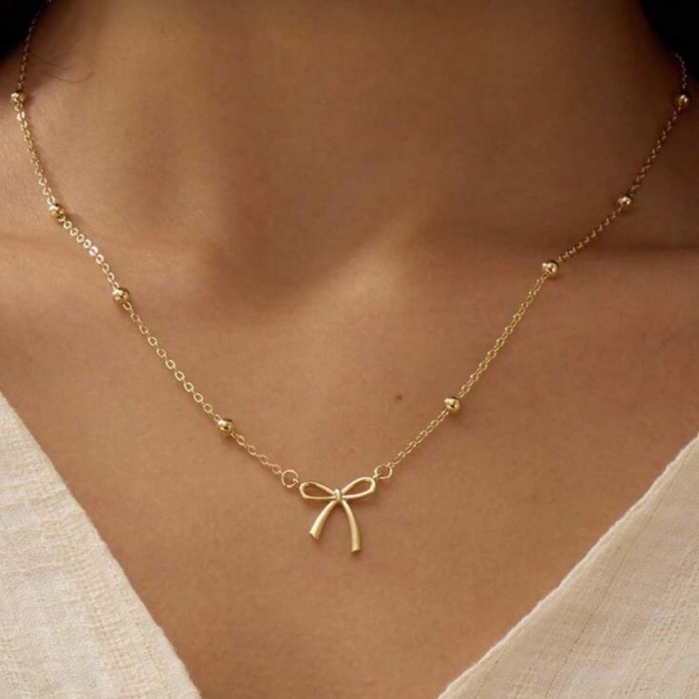 Gold Plated Stainless Steel Bow Pendant Necklace | Dainty Beaded Chain